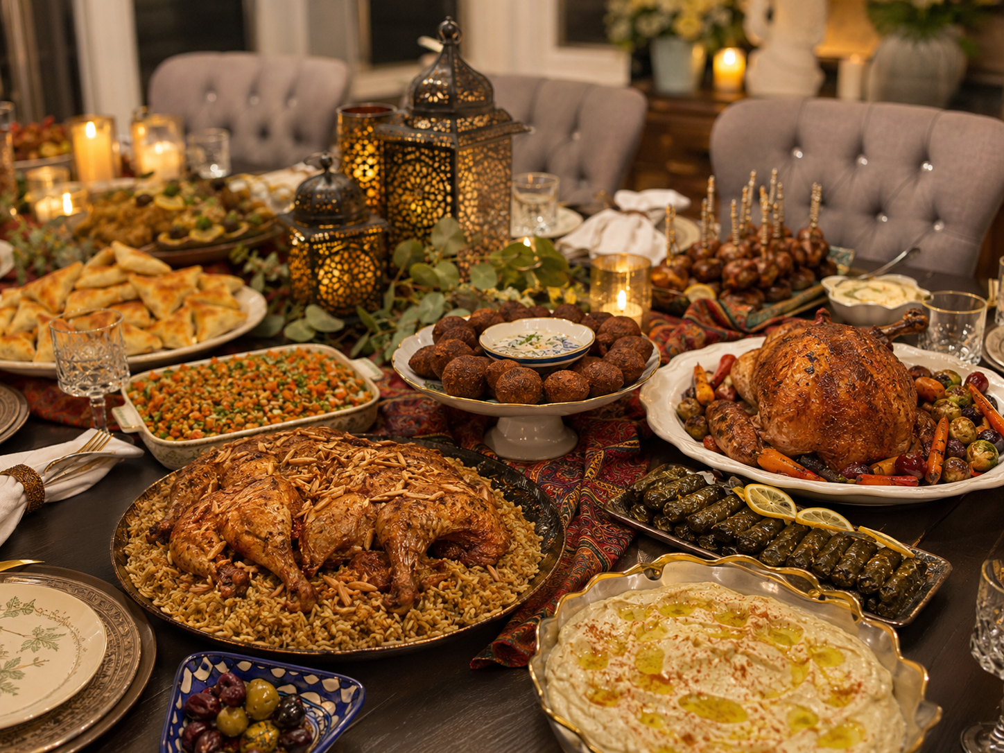 Lavish Middle Eastern feast table with roasted lamb, rice, grape leaves, hummus, and Moroccan lanterns